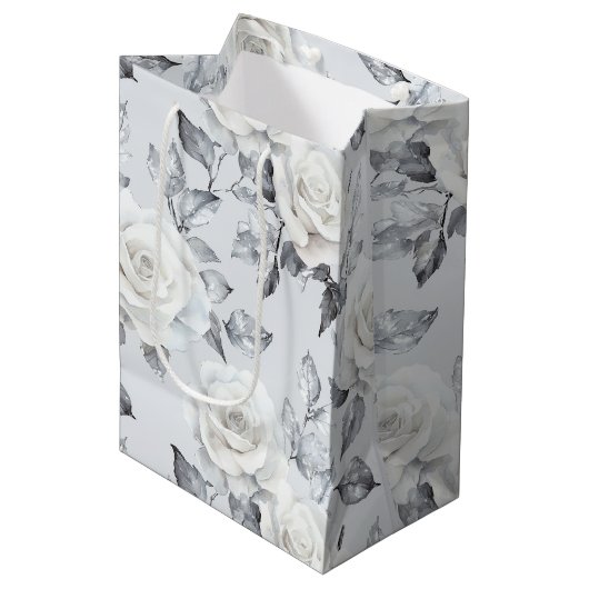 Sac Cadeau Moyen Mariage Chic Gris Argent Blanc Floral (Devant Angle)