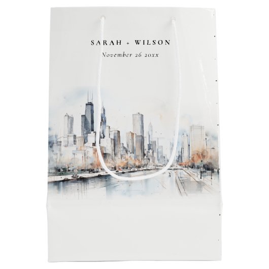 Sac Cadeau Moyen Mariage d'aquarelle de Chicago, Illinois City Scap (Dos)