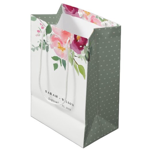 Sac Cadeau Moyen Mariage d'aquarelle Rose rose-bleu (Devant Angle)