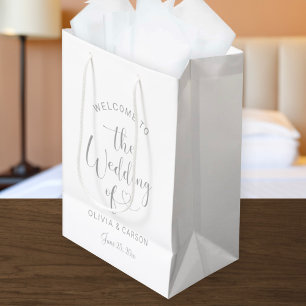 Sac Cadeau Moyen Mariage de bienvenue écriture cœur argenté moderne