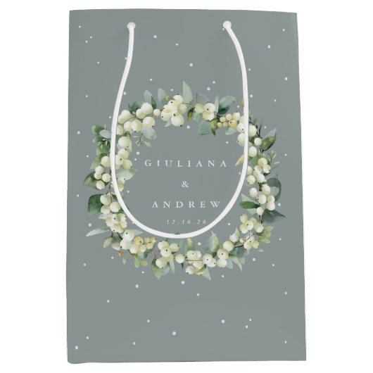Sac Cadeau Moyen Mariage d'hiver Seafoam Green Snowberry+Eucalyptus (Devant)