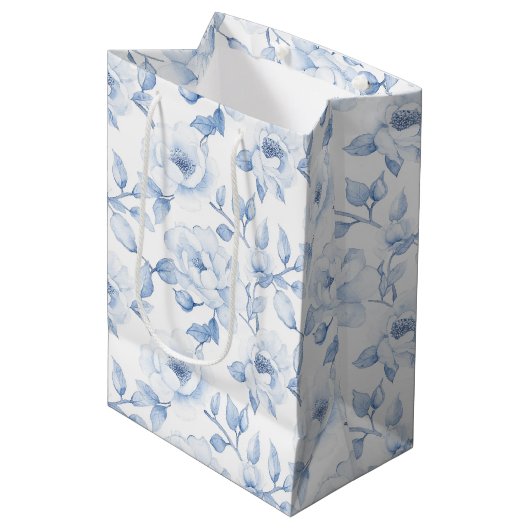 Sac Cadeau Moyen Mariage Élégant Bleu Blanc Floral de Fête de Marié (Devant Angle)