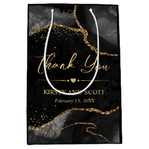 Sac Cadeau Moyen Mariage en Agate Fausse Pailletée Noir et Or