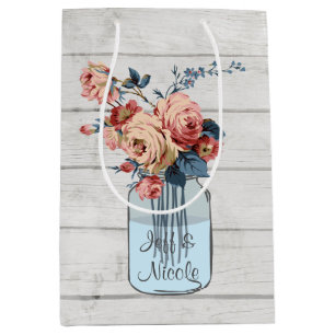 Sac Cadeau Moyen Mariage en bois floral de pot de maçon de pays