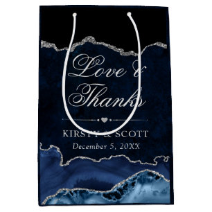 Sac Cadeau Moyen Mariage en marbre d'agate pailleté bleu et argent