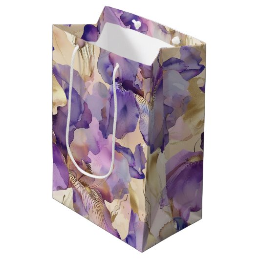 Sac Cadeau Moyen Mariage Fleuris Iris Violet Or Romantique (Devant Angle)