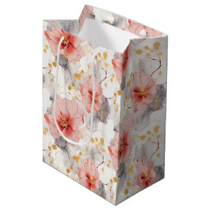 Sac Cadeau Moyen Mariage Floral Corail Rougeâtre Gris