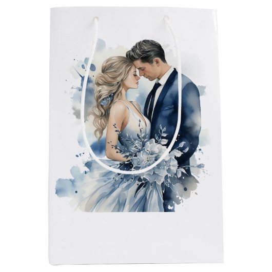 Sac Cadeau Moyen Mariage floral d'encre bleu poussiéreux (Devant)