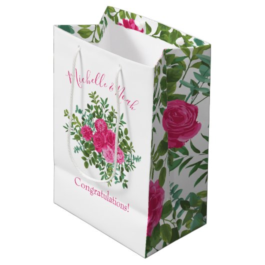 Sac Cadeau Moyen Mariage floral rose vif (Devant Angle)