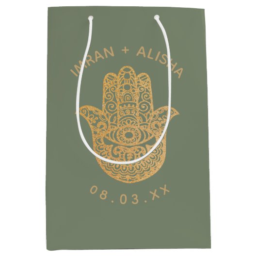 Sac Cadeau Moyen Mariage indien Gold Sage Green hamsa Henné (Devant)