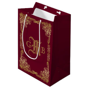 Sac Cadeau Moyen Mariage Monogramme Classic Gold Frame Bourgogne