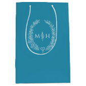 Sac Cadeau Moyen mariage monogramme turquoise de couronne ovale feu (Devant)
