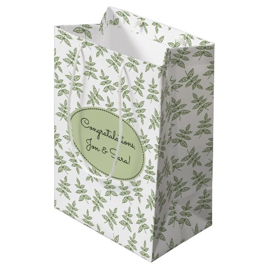 Sac Cadeau Moyen Mariage Motif Feuille Sage Green (Devant Angle)