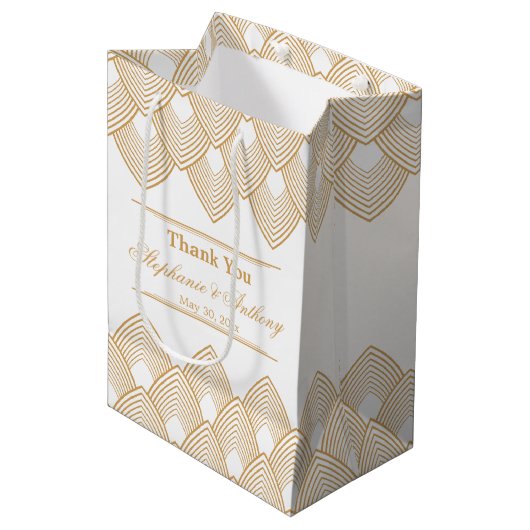 Sac Cadeau Moyen Mariage Motif Gold et White Art Déco (Devant Angle)