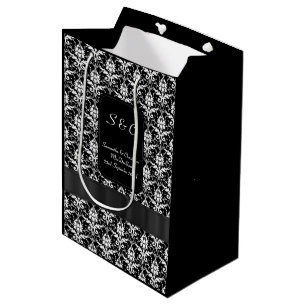Sac Cadeau Moyen Mariage personnalisé noir et blanc damassé