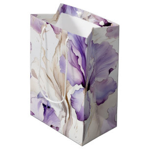 Sac Cadeau Moyen Mariage Romantique Fleurs d'Iris Crème Violette