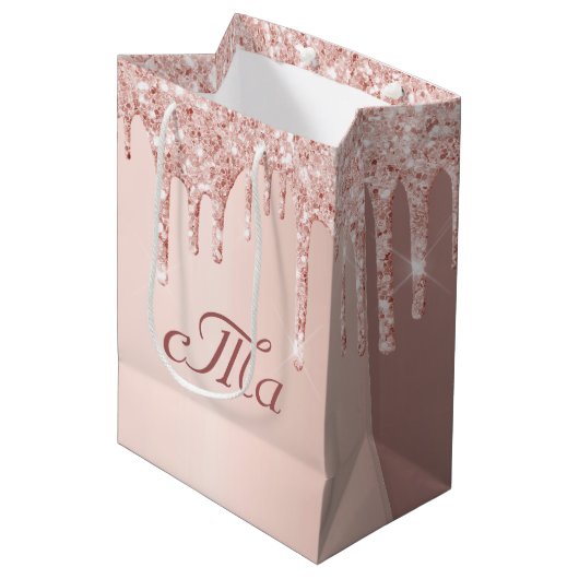 Sac Cadeau Moyen Mariage rose or pailleté rose scintillant (Devant Angle)
