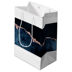 Sac Cadeau Moyen Marine Bleu Rose Or Agate Marbre Aquarelle