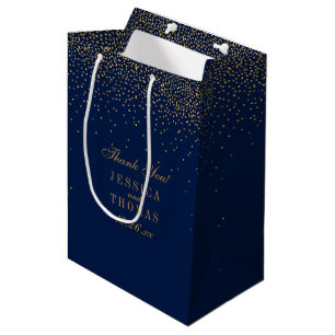 Sac Cadeau Moyen Marine Blue & Glam Gold Confetti Mariage Faveur