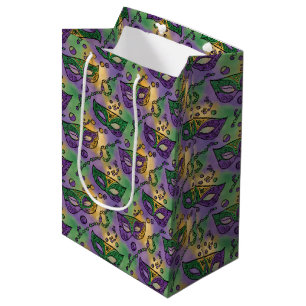 Sac Cadeau Moyen Masques et perles de Mardi Gras violet vert jaune