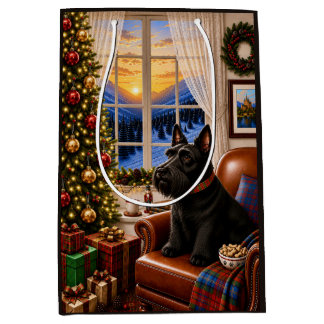 Sac Cadeau Moyen Matin de Noël,Terrier Écossais de Fête