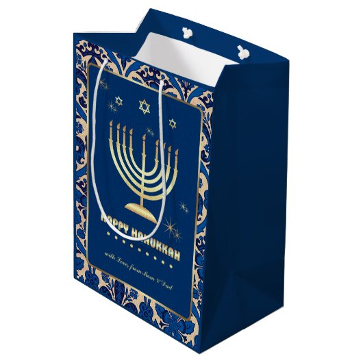 Sac Cadeau Moyen Menorah d'or | Nom personnalisé Hanoukka (Dos Angle)