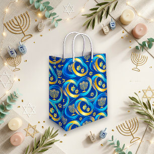 Sac Cadeau Moyen Ménorah dorée bleue festive Hanukkah