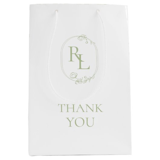 Sac Cadeau Moyen Merci Mariage de Monogramme Floral Vert (Devant)
