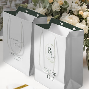 Sac Cadeau Moyen Merci Mariage de Monogramme Floral Vert & Blanc