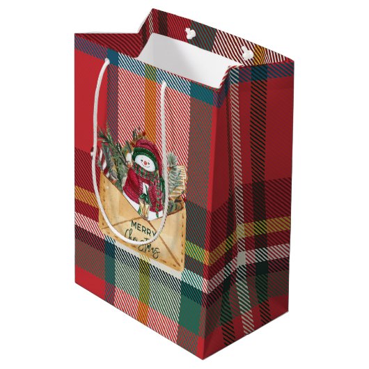 Sac Cadeau Moyen Merry Christmas Rustic Plaid Red and Green (Dos Angle)