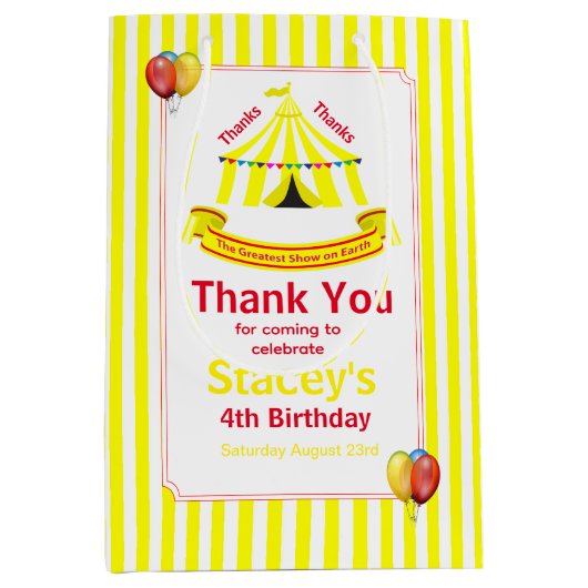 Sac Cadeau Moyen Mignonne Cirque Anniversaire Merci Jaune (Devant)