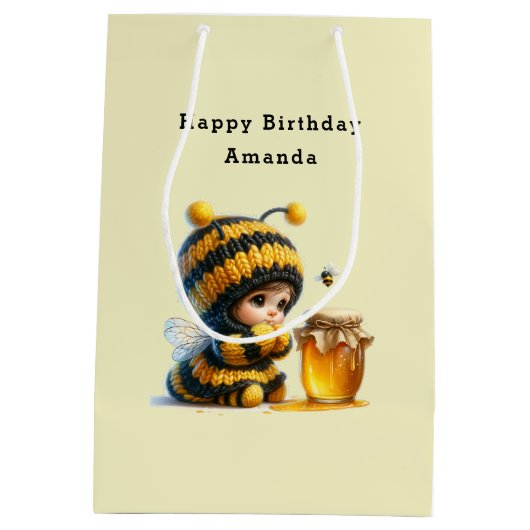 Sac Cadeau Moyen Mignonne fille en costume d'abeille avec du miel A (Dos)