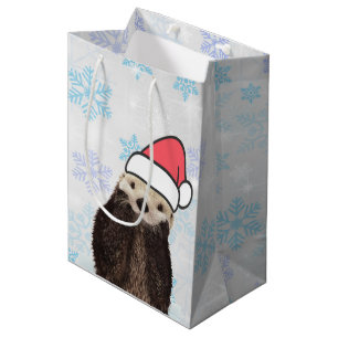 Sac Cadeau Moyen Mignonne Otter portant un chapeau de Père Noël