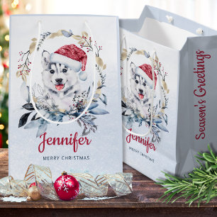 Sac Cadeau Moyen Mignonne Red Santa Hat Husky Chien Chemise Noël Wr