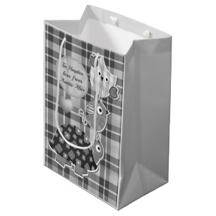 Sac Cadeau Moyen Mignonne Tortue à Carreaux Grise et Hibou Personna