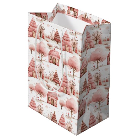 Sac Cadeau Moyen Mignonne Whimsical Pink Winter Wonderland Noël (Dos Angle)