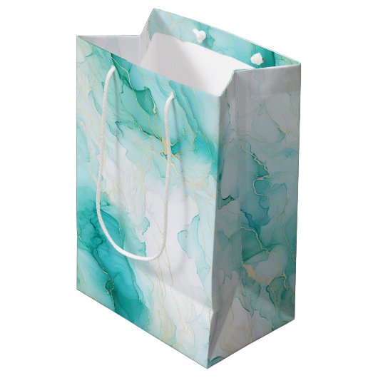 Sac Cadeau Moyen Mint Aqua Glam Elegant Marbre Or (Devant Angle)