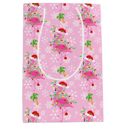 Sac Cadeau Moyen Modèle Flamingo rose de Noël (Devant)