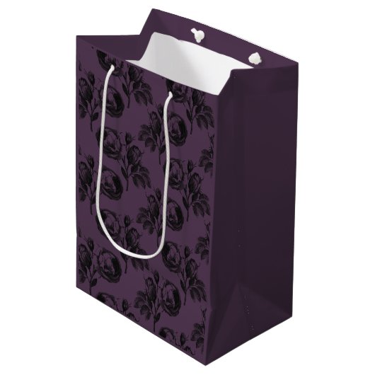 Sac Cadeau Moyen Modèle floral gothique violet et noir Halloween (Devant Angle)