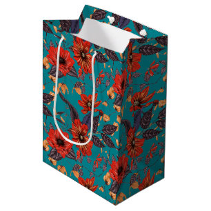 Sac Cadeau Moyen Modèle floral rouge et Turquoise