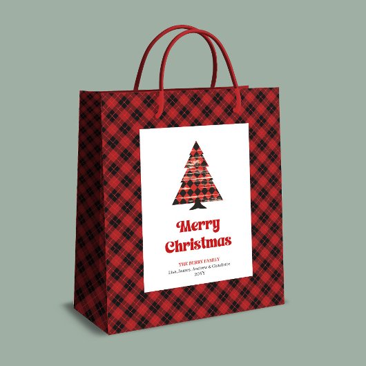 Sac Cadeau Moyen Modern red black plaid Christmas bag editable text
