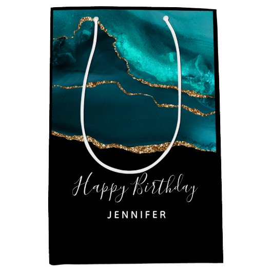 Sac Cadeau Moyen Moderne Design Turquoise Agate & Gold Ribbon Anniv (Devant)
