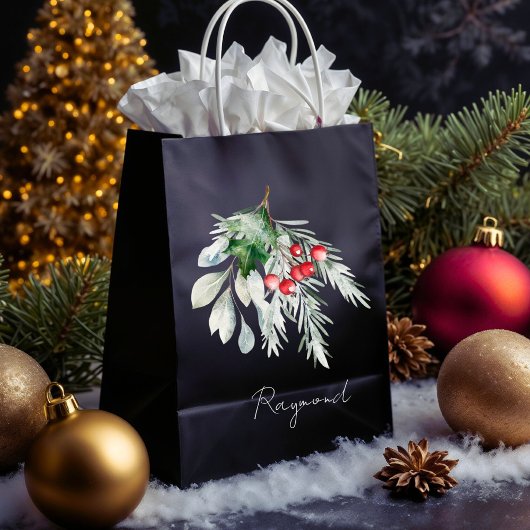 Sac Cadeau Moyen Moderne Nom Aquarelle Script Joyeux Noël