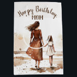 Sac Cadeau Moyen Mom's Birthday Beach Watercolor<br><div class="desc">Mom and daughter walking on the beach painting in watercolor effect for mom's birthday.</div>