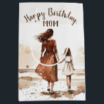 Sac Cadeau Moyen Mom's Birthday Beach Watercolor<br><div class="desc">Mom and daughter walking on the beach painting in watercolor effect for mom's birthday.</div>