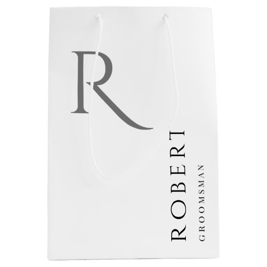 Sac Cadeau Moyen Monogramme blanc noir simple Groomsmen personnalis (Devant)