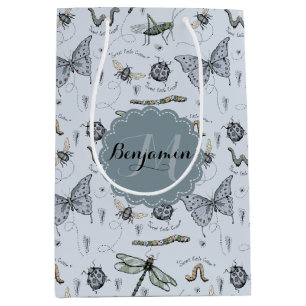 Sac Cadeau Moyen Monogramme Bleu Bugs et Insects Garçon Douche