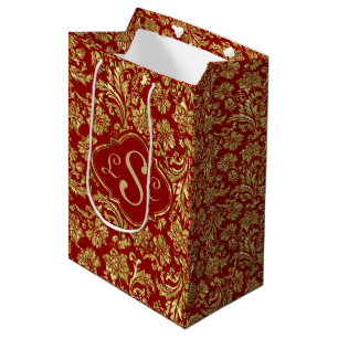 Sac Cadeau Moyen Monogramme Bourgogne & Métallic Or Damas Floral