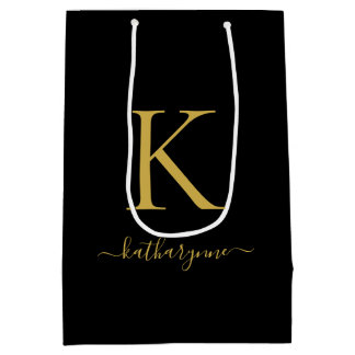 Sac Cadeau Moyen Monogramme d'or noir moderne