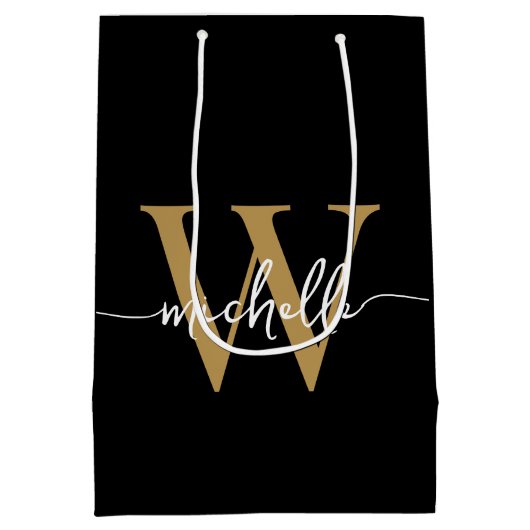 Sac Cadeau Moyen Monogramme d'or noir moderne Script élégant initia (Dos)